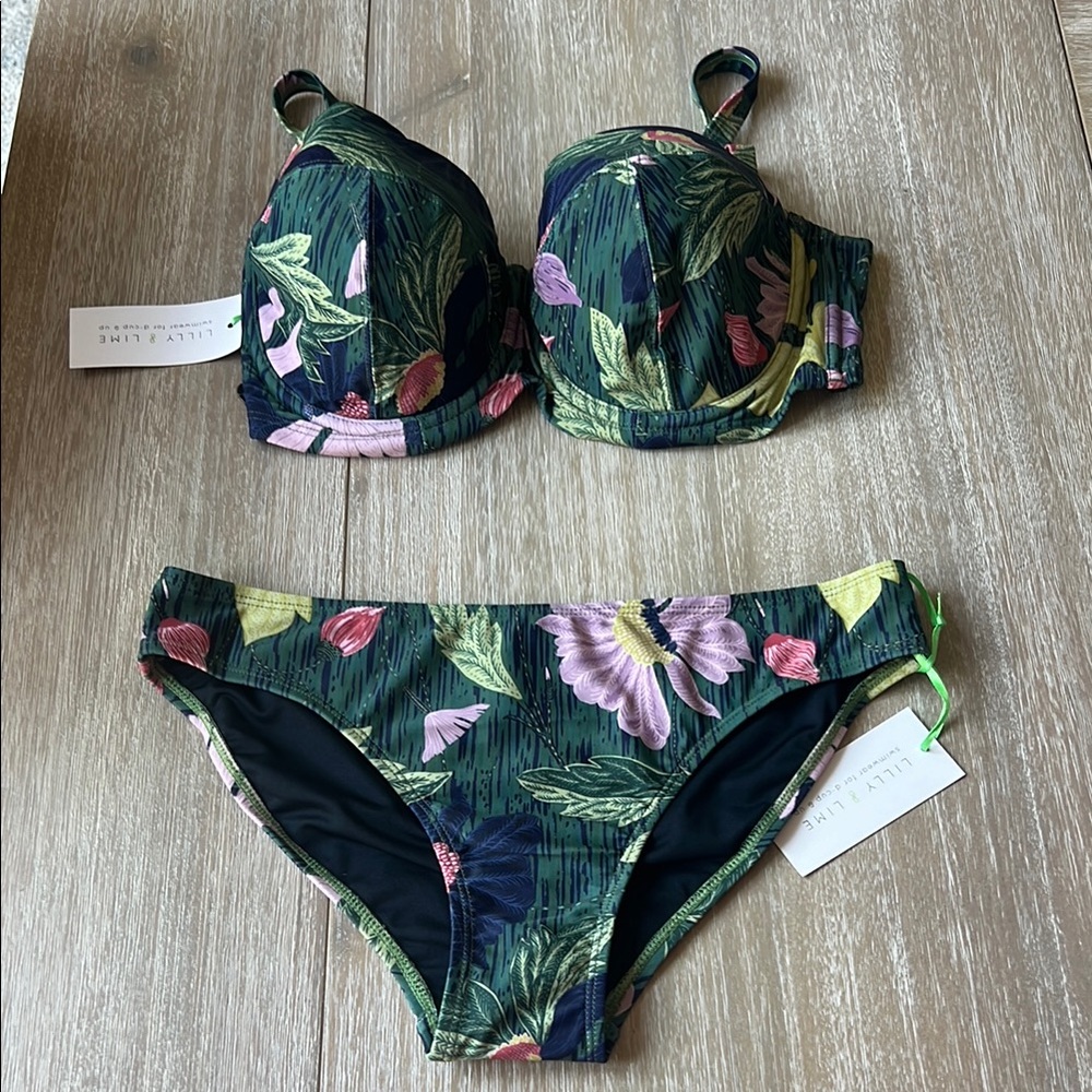 Tropical Green and Pink Bikini Set with Floral Print